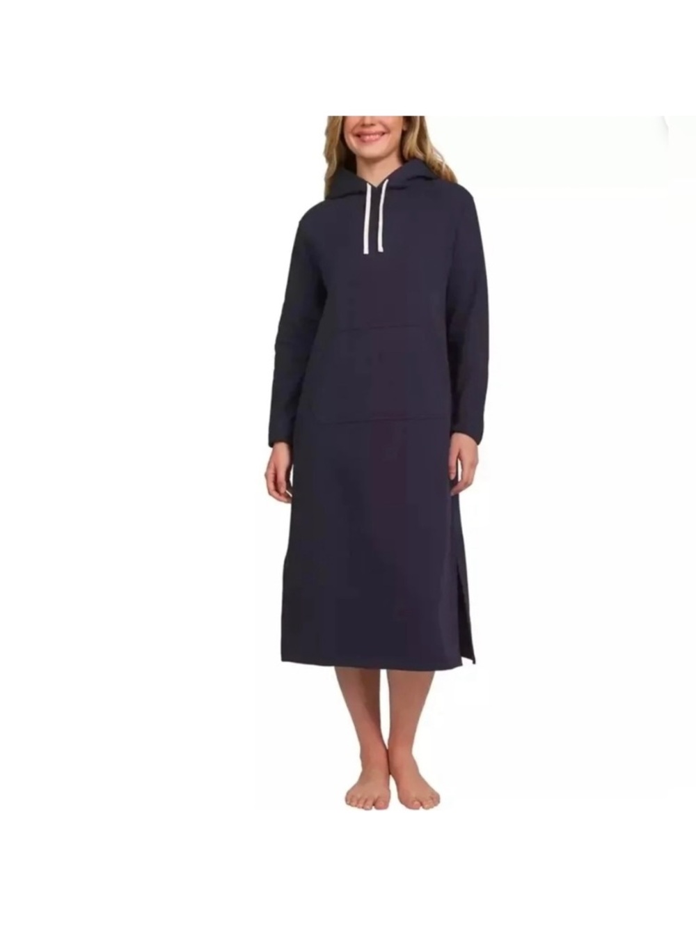 Lands End Hooded Lounger Navy Swim Cover-Up Dress with Side Slit 102